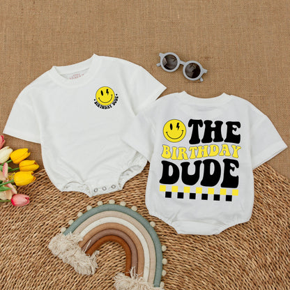 Birthday Dude Baby Romper: One Happy Boy, Smiley Face & Lightning Bolt Design, First Birthday Outfit, Cake Smash, Yellow & Black, Retro, Comfortable