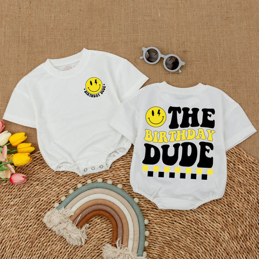 Birthday Dude Baby Romper: One Happy Boy, Smiley Face & Lightning Bolt Design, First Birthday Outfit, Cake Smash, Yellow & Black, Retro, Comfortable