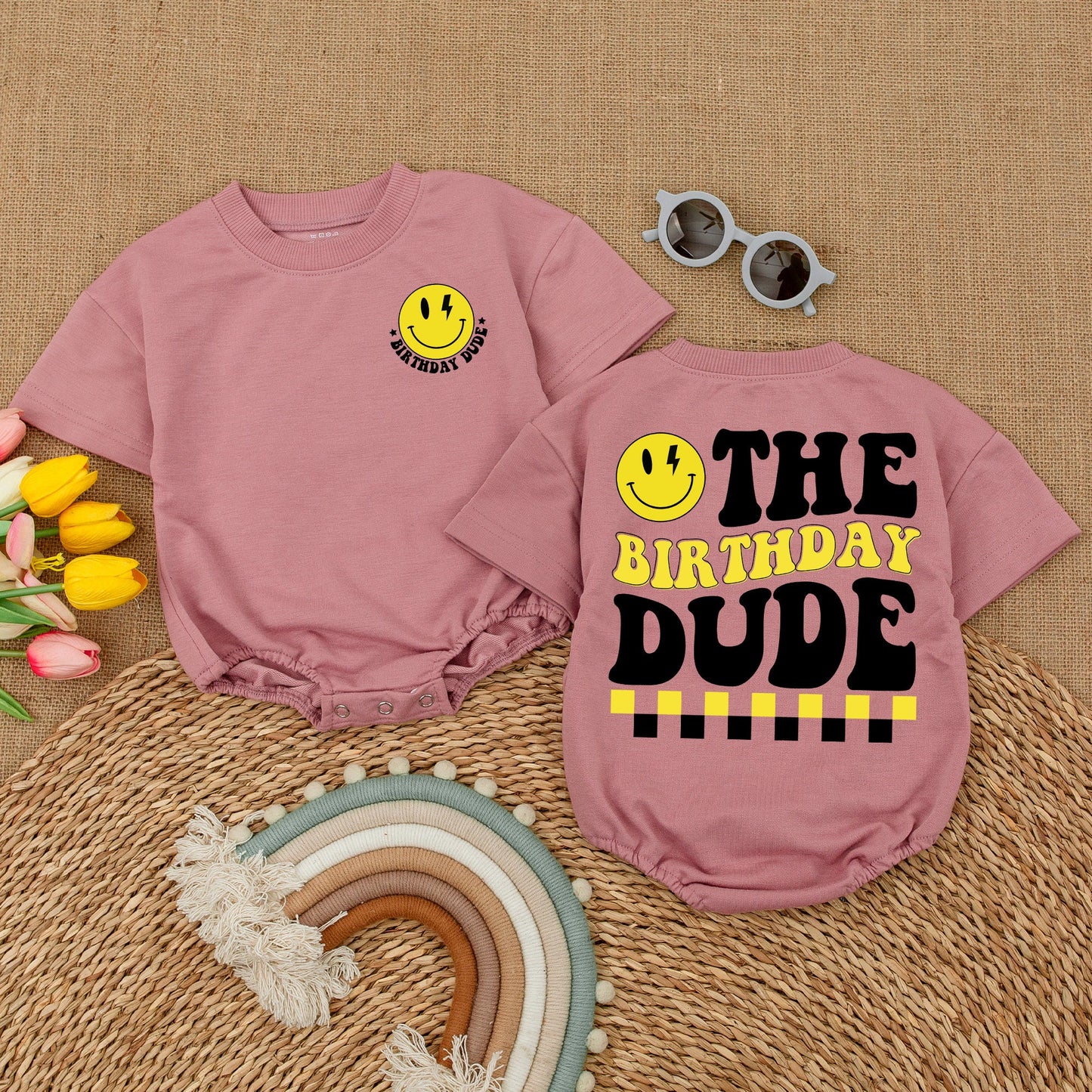 Birthday Dude Baby Romper: One Happy Boy, Smiley Face & Lightning Bolt Design, First Birthday Outfit, Cake Smash, Yellow & Black, Retro, Comfortable