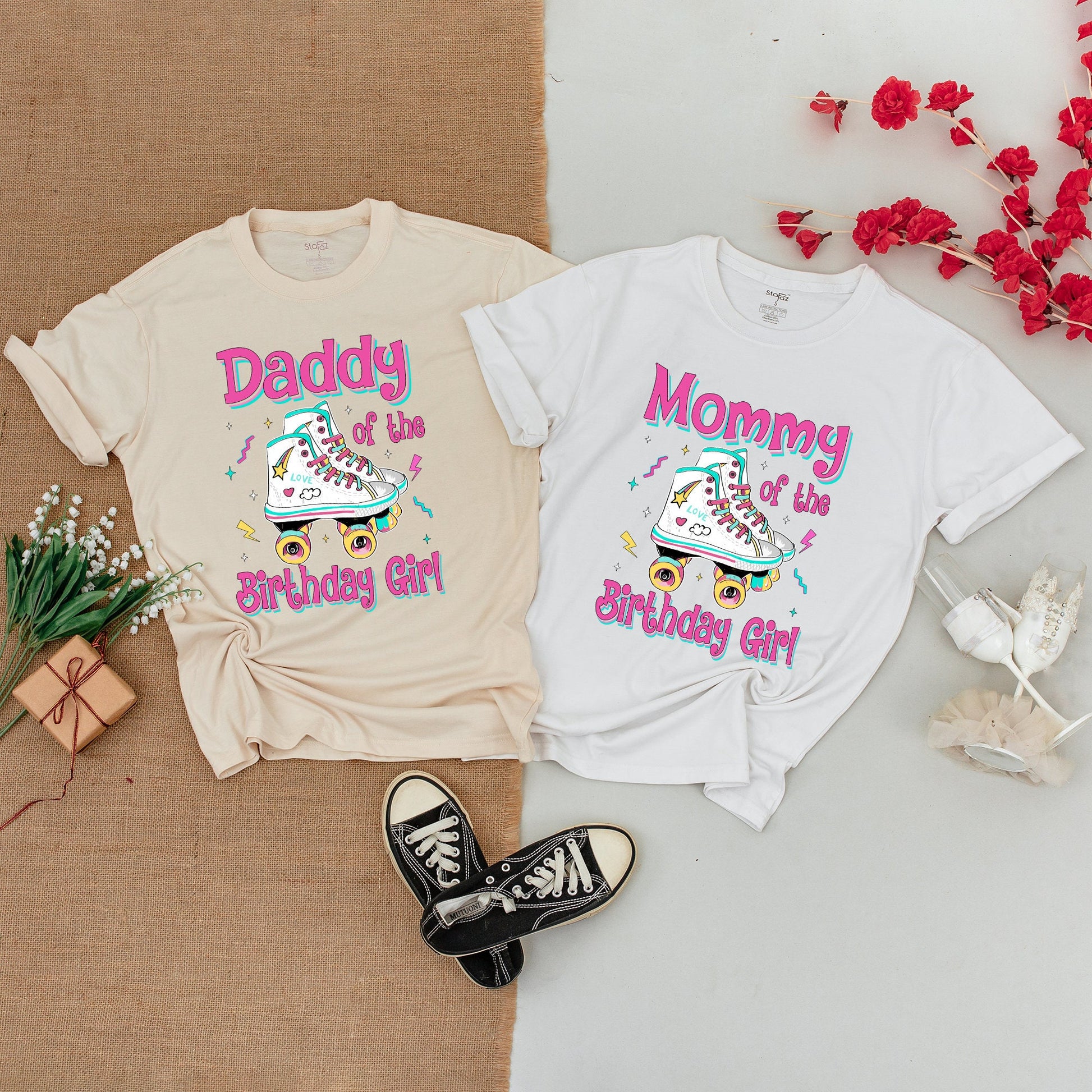 Personalized Rolling Into Birthday Girl Retro Roller Skate Family Matching Shirts Vibrant Pink Stars Hearts Baby Toddler Outfit