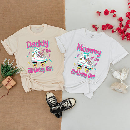Personalized Rolling Into Birthday Girl Retro Roller Skate Family Matching Shirts Vibrant Pink Stars Hearts Baby Toddler Outfit
