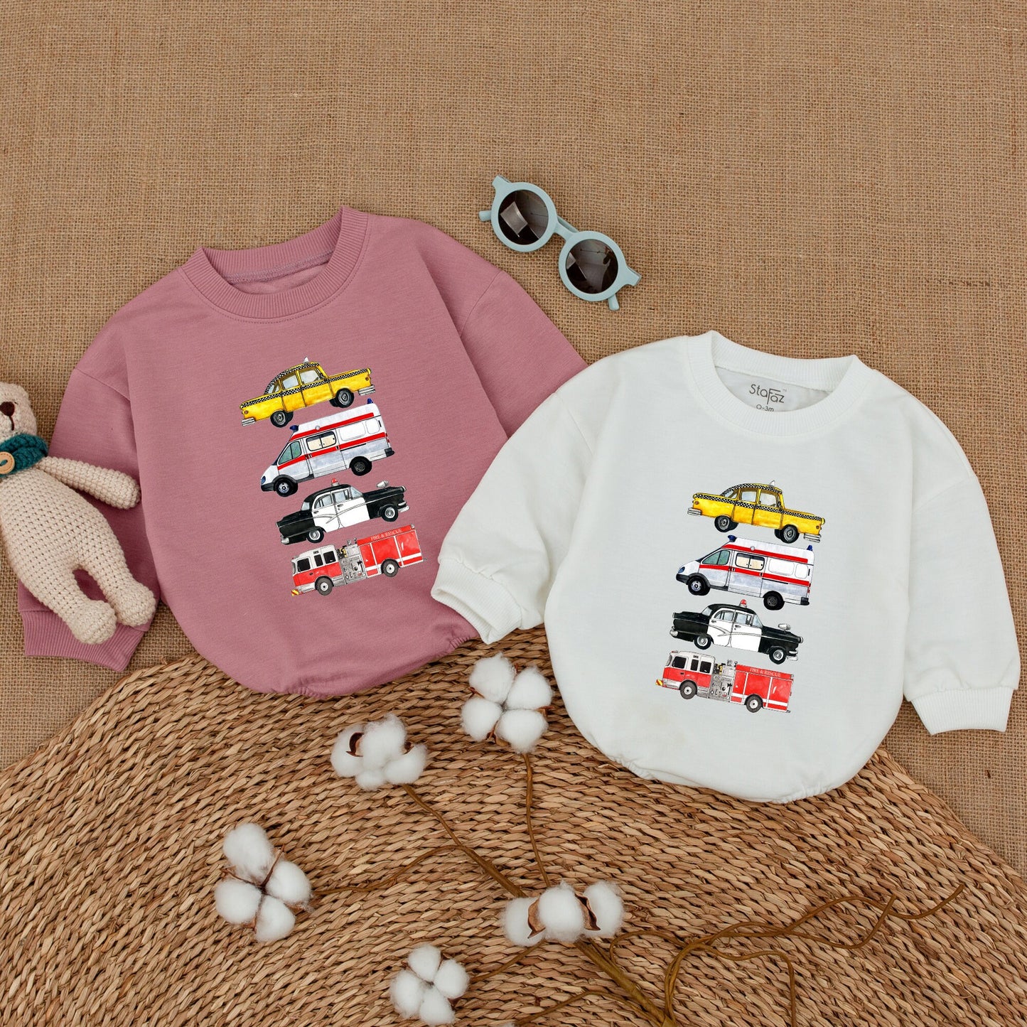 Newborn Baby Boy Romper Bodysuit with Emergency Rescue Vehicles Fire Truck Ambulance Police Design Comfortable Baby Shower Gift Coming Home Outfit