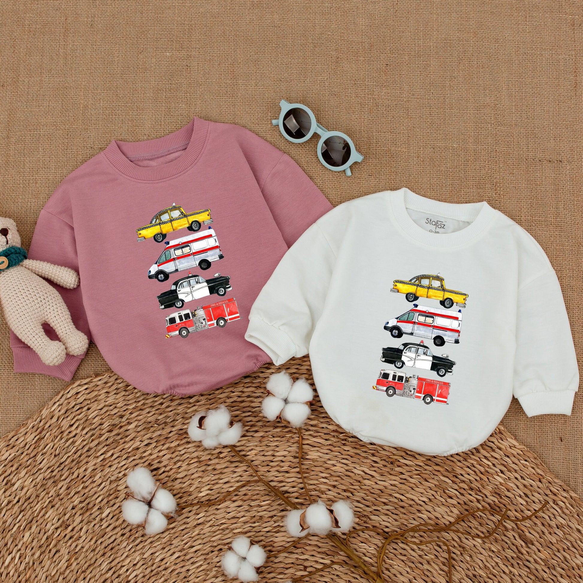 Newborn Baby Boy Romper Bodysuit with Emergency Rescue Vehicles Fire Truck Ambulance Police Design Comfortable Baby Shower Gift Coming Home Outfit
