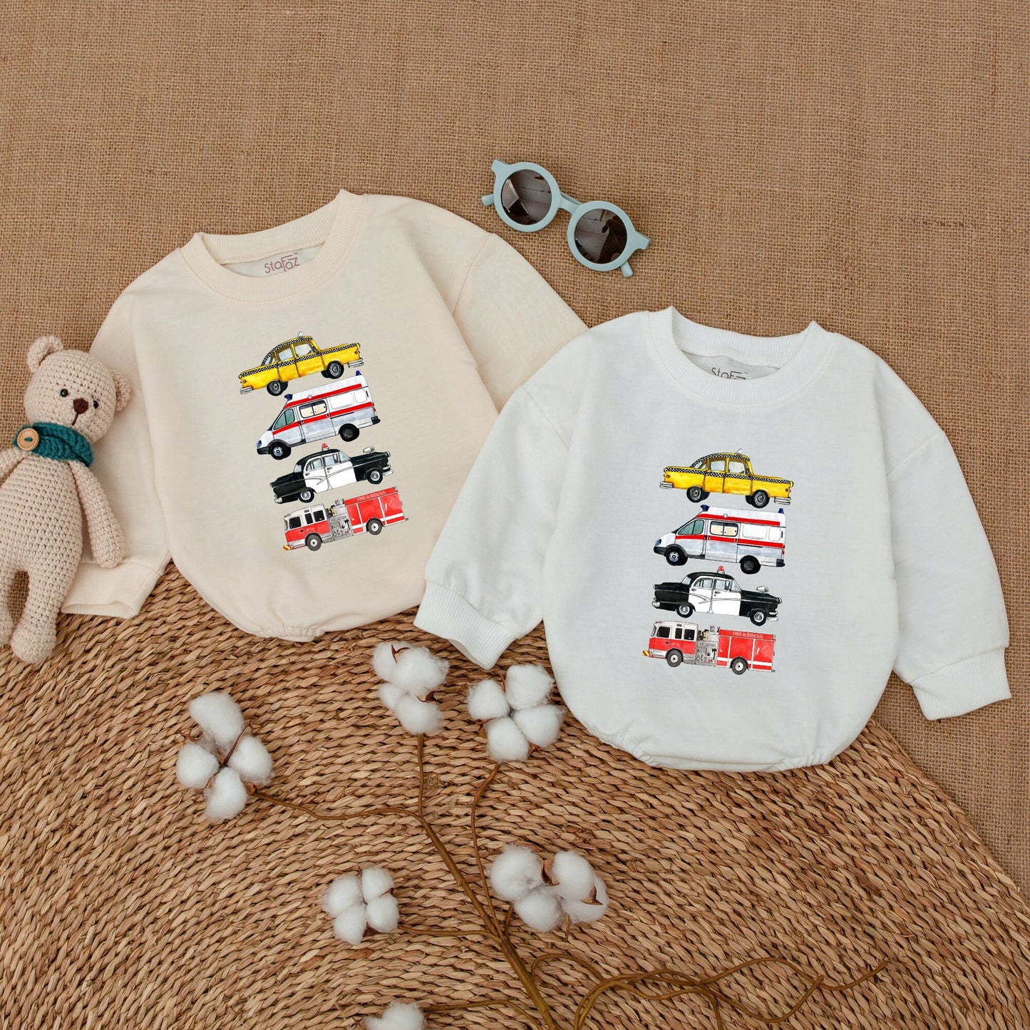 Newborn Baby Boy Romper Bodysuit with Emergency Rescue Vehicles Fire Truck Ambulance Police Design Comfortable Baby Shower Gift Coming Home Outfit