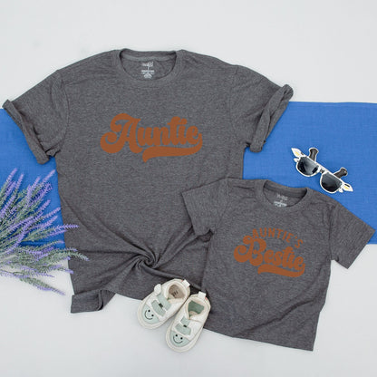 Personalized Auntie and Auntie's Bestie Matching Retro Bubbly Brown Vintage Shirt Onesie Set New Aunt Baby Nephew Niece T-Shirt Gift