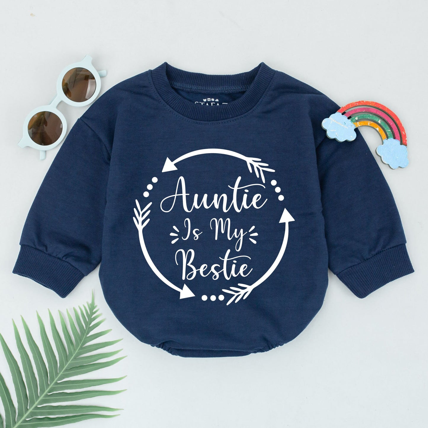 Auntie Is My Bestie Baby Romper New Newborn Outfit Sweet Gift for Auntie Girls Boys Playful Script Design Circular Arrows Dots Baby Announcement Idea
