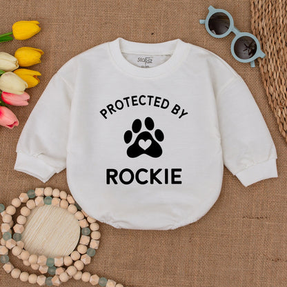 Custom Protected By Rockie Baby Bodysuit, Paw Print Heart Design, Personalized Dog Name Romper, New Baby Gift, Baby Shower