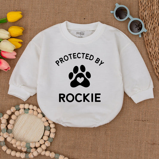 Custom Protected By Rockie Baby Bodysuit, Paw Print Heart Design, Personalized Dog Name Romper, New Baby Gift, Baby Shower