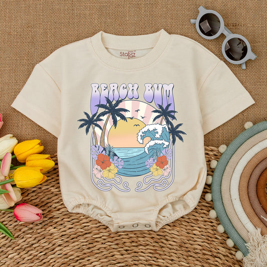 Vintage Beach Bum Bodysuit Groovy Sunset Palm Trees Ocean Waves Floral Border Baby Girl Boy Summer Outfit Newborn