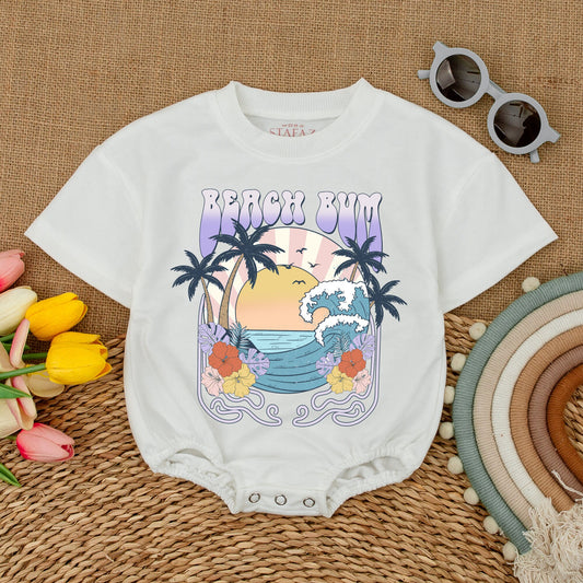 Vintage Beach Bum Bodysuit Groovy Sunset Palm Trees Ocean Waves Floral Border Baby Girl Boy Summer Outfit Newborn