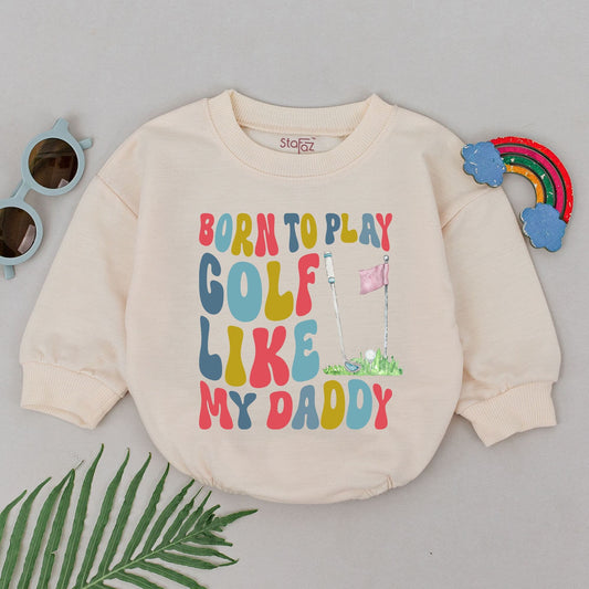 Born To Play Golf Like Daddy Baby Boy Romper Future Golfer Bodysuit Gift, Father's Day Announcement, Retro Golf Outfit