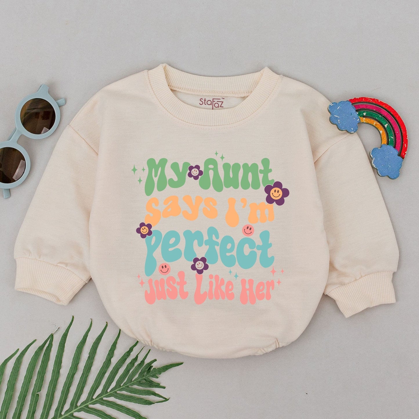 Retro My Aunt Says I'm Perfect Baby Romper Auntie's Bestie Outfit Newborn Girl Boy Gift New Auntie Mother's Day Coming Home