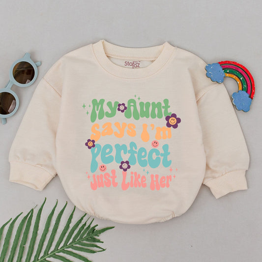 Retro My Aunt Says I'm Perfect Baby Romper Auntie's Bestie Outfit Newborn Girl Boy Gift New Auntie Mother's Day Coming Home