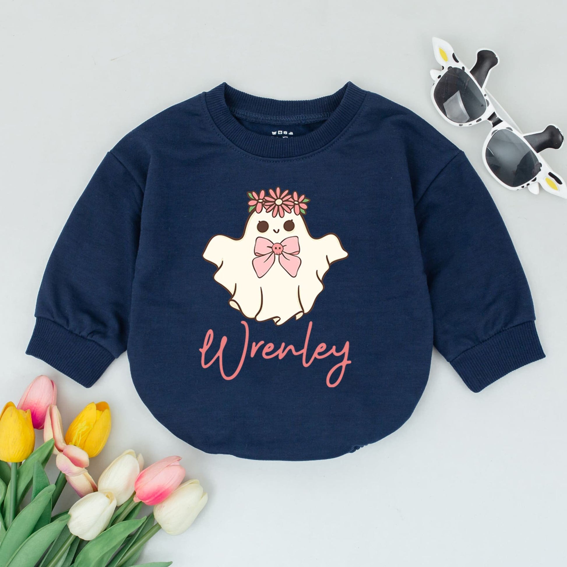 Personalized Ghost Baby Romper with Floral Crown and Pink Bow, Custom Name Wrenley Cute Halloween Infant Bubble Bodysuit Fall Baby Shower Gift Comfortable