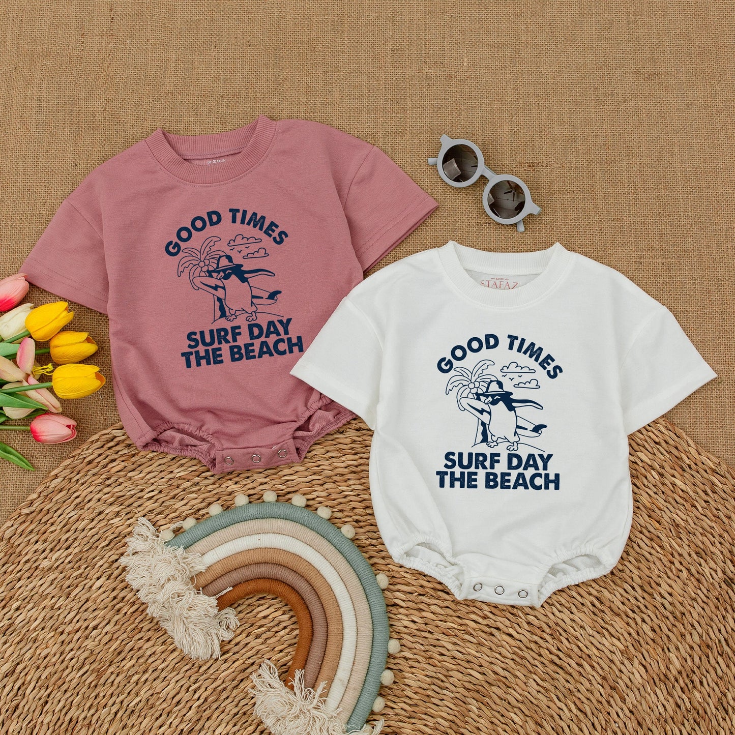 Good Times Surf Day Beach Baby Bodysuit Cute Penguin Graphic Summer Romper Hipster Beach Trip Newborn Outfit