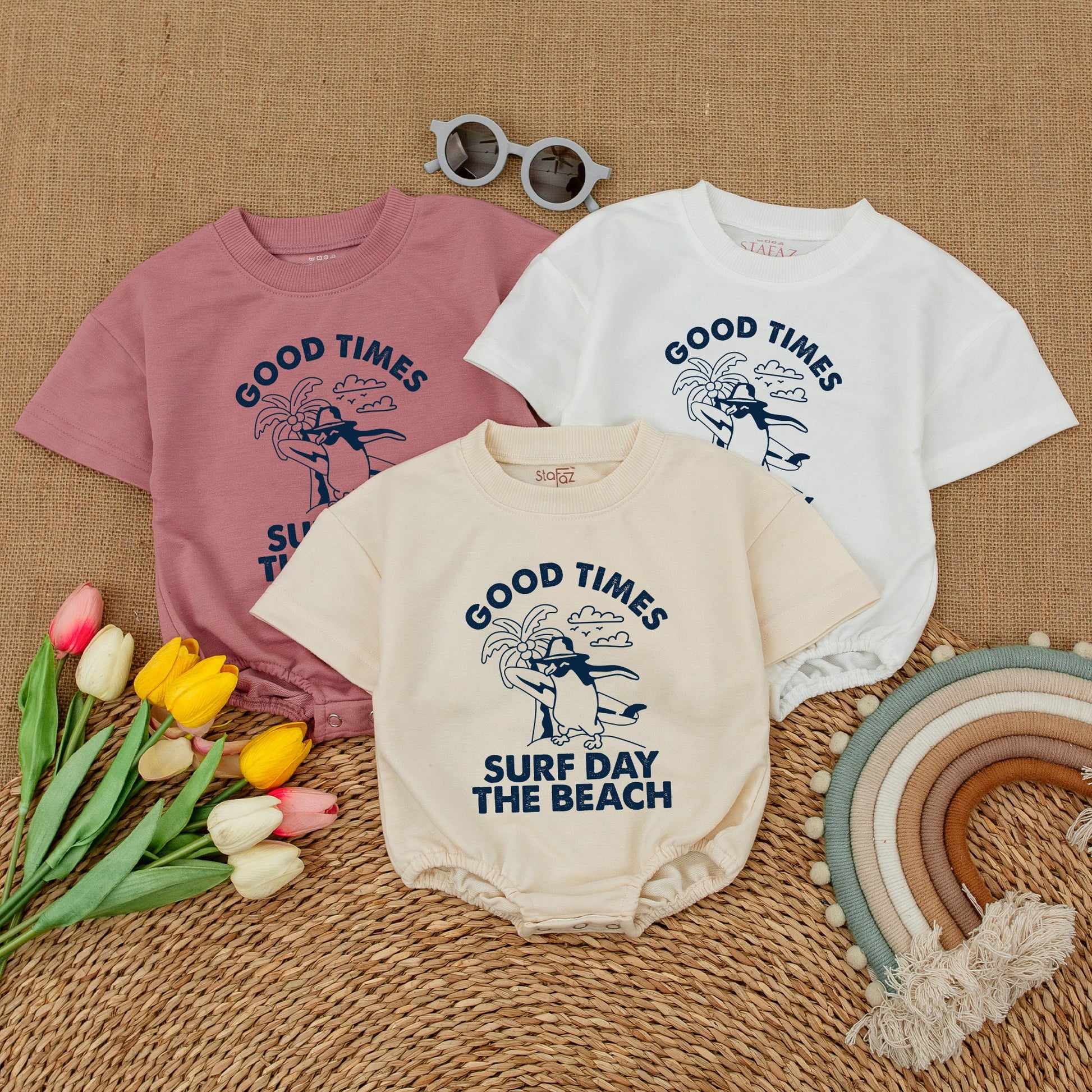Good Times Surf Day Beach Baby Bodysuit Cute Penguin Graphic Summer Romper Hipster Beach Trip Newborn Outfit