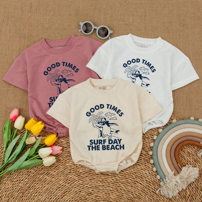 Good Times Surf Day Beach Baby Bodysuit Cute Penguin Graphic Summer Romper Hipster Beach Trip Newborn Outfit
