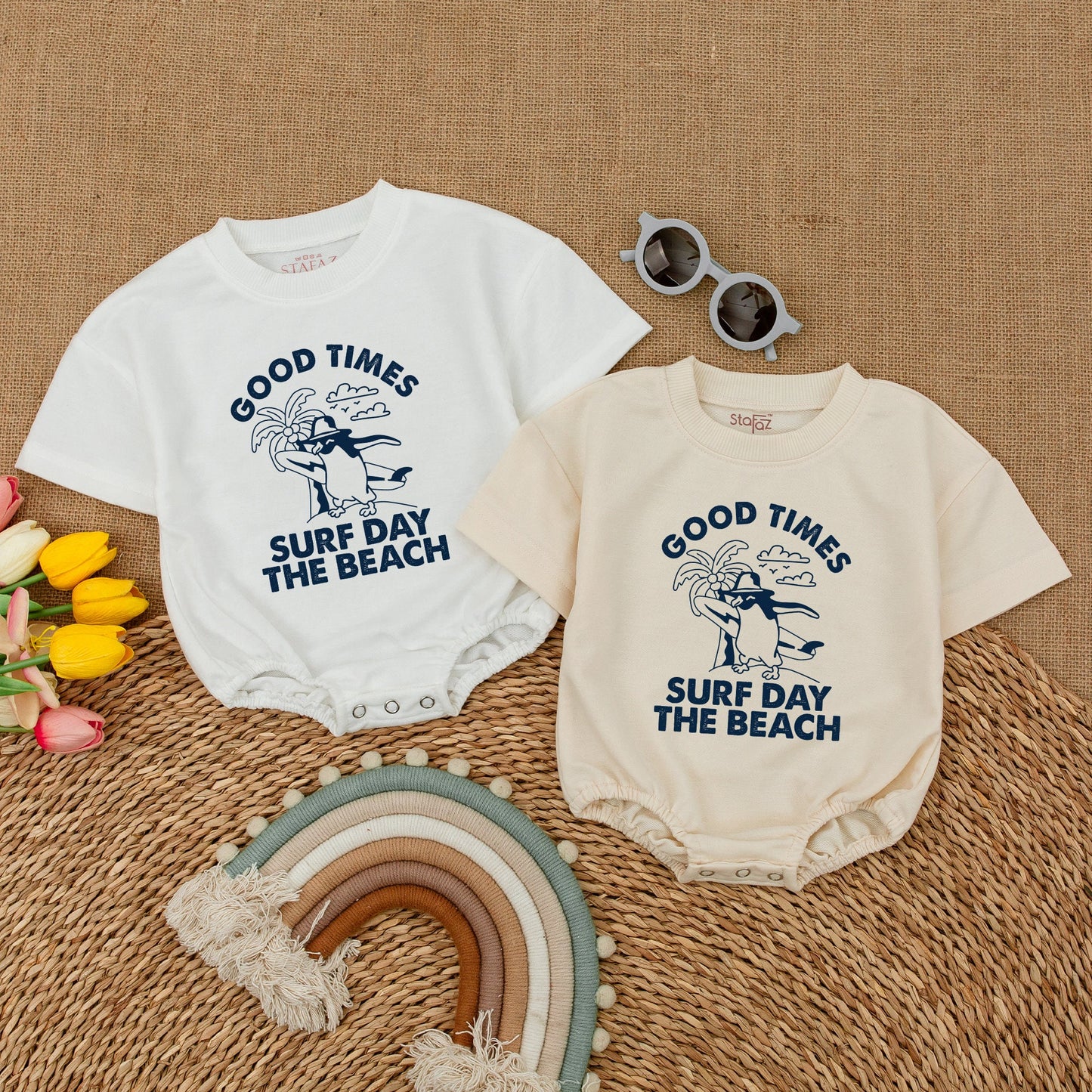 Good Times Surf Day Beach Baby Bodysuit Cute Penguin Graphic Summer Romper Hipster Beach Trip Newborn Outfit