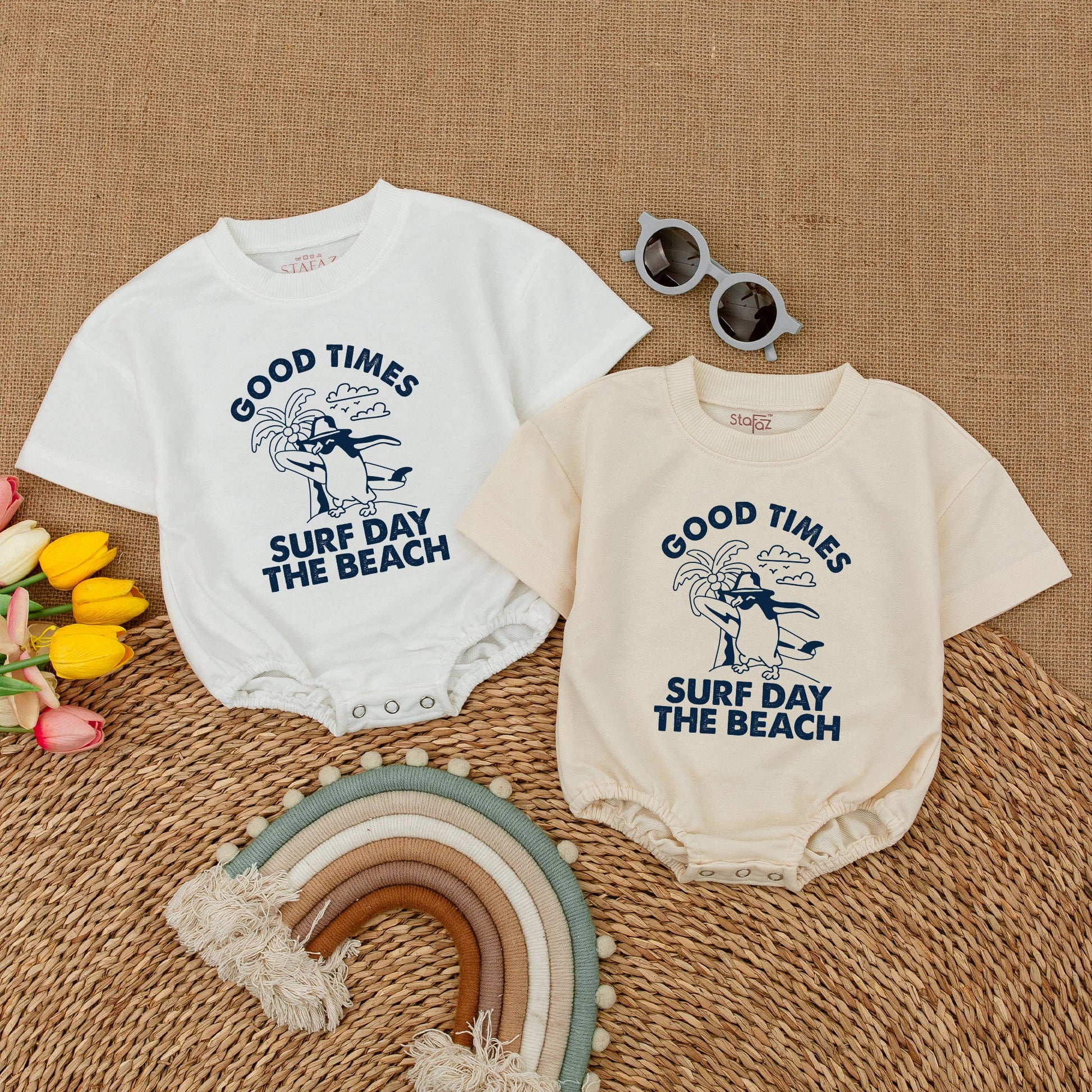 Good Times Surf Day Beach Baby Bodysuit Cute Penguin Graphic Summer Romper Hipster Beach Trip Newborn Outfit