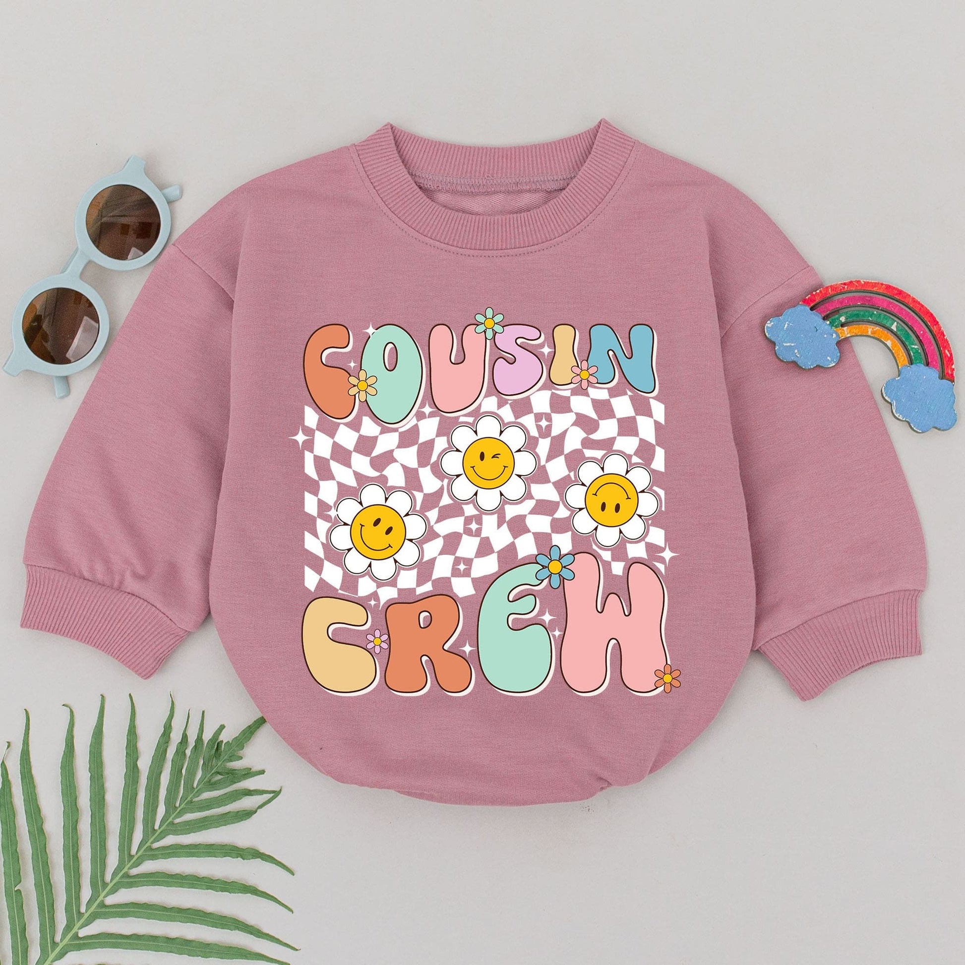 Retro Cousin Crew Romper Playful Pastel Bubble Letters Black Checkerboard with Flowers and Stars Family Matching Outfit for Babies and Toddlers