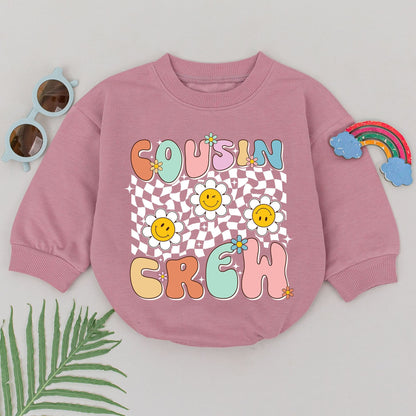 Retro Cousin Crew Romper Playful Pastel Bubble Letters Black Checkerboard with Flowers and Stars Family Matching Outfit for Babies and Toddlers