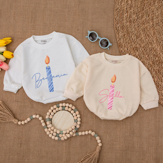 First Birthday Candle Bubble Romper - Personalized Baby Girl Outfit, One Year Old Bodysuit, Cake Shirt, Birthday Gift