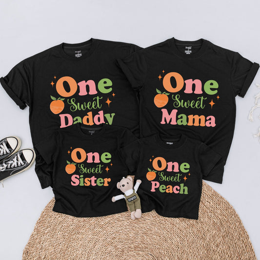 One Sweet Peach Matching Family Outfits Baby Bodysuit for 1st Birthday Girl Mommy and Me Peach Party Clothes