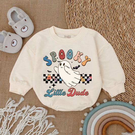 Spooky Little Dude Ghost Baby Bodysuit for Boys My First Halloween Outfit Colorful Retro Donut Letters Checkered Pumpkin Skull Design