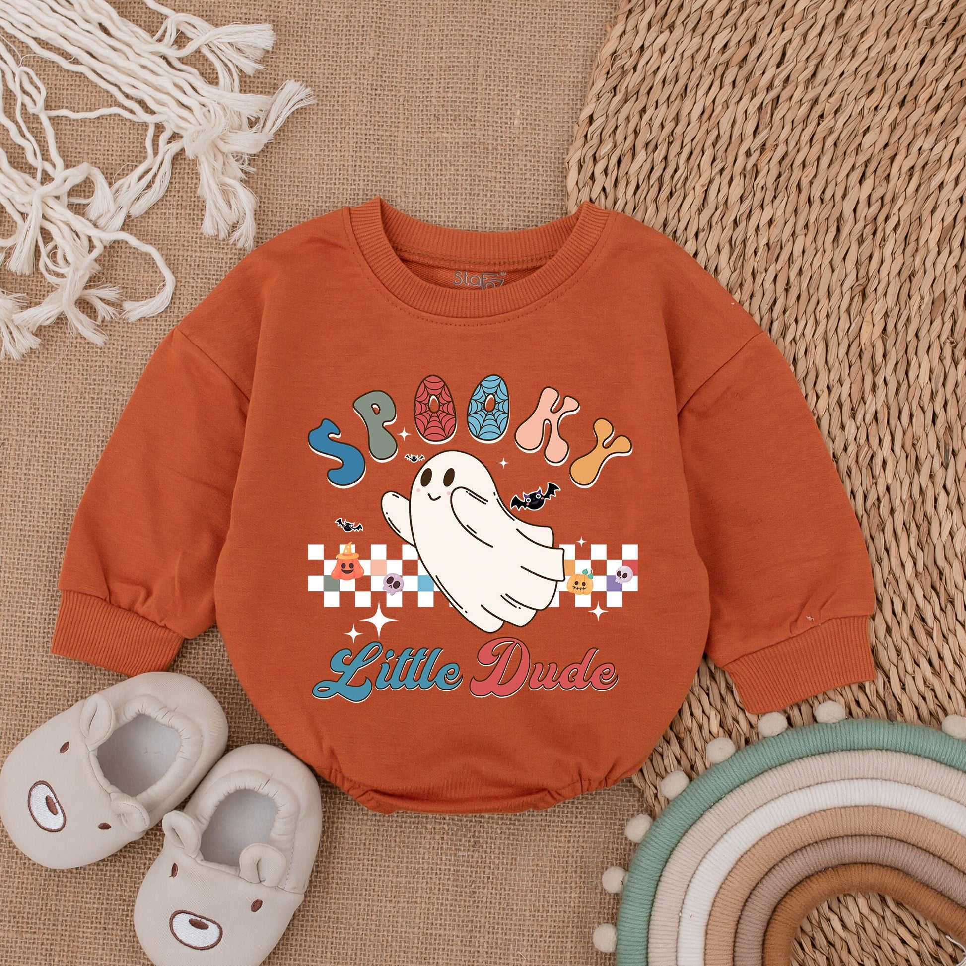 Spooky Little Dude Ghost Baby Bodysuit for Boys My First Halloween Outfit Colorful Retro Donut Letters Checkered Pumpkin Skull Design
