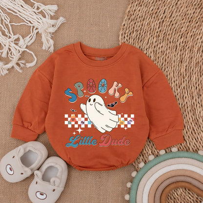 Spooky Little Dude Ghost Baby Bodysuit for Boys My First Halloween Outfit Colorful Retro Donut Letters Checkered Pumpkin Skull Design