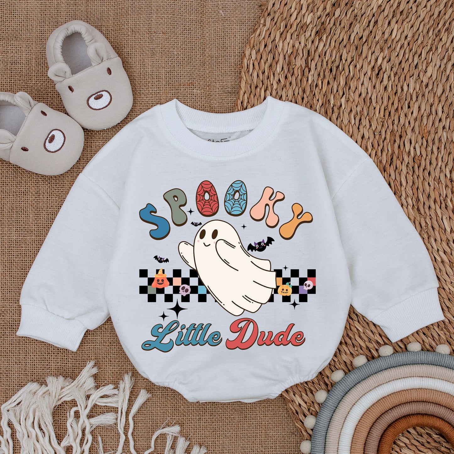 Spooky Little Dude Ghost Baby Bodysuit for Boys My First Halloween Outfit Colorful Retro Donut Letters Checkered Pumpkin Skull Design