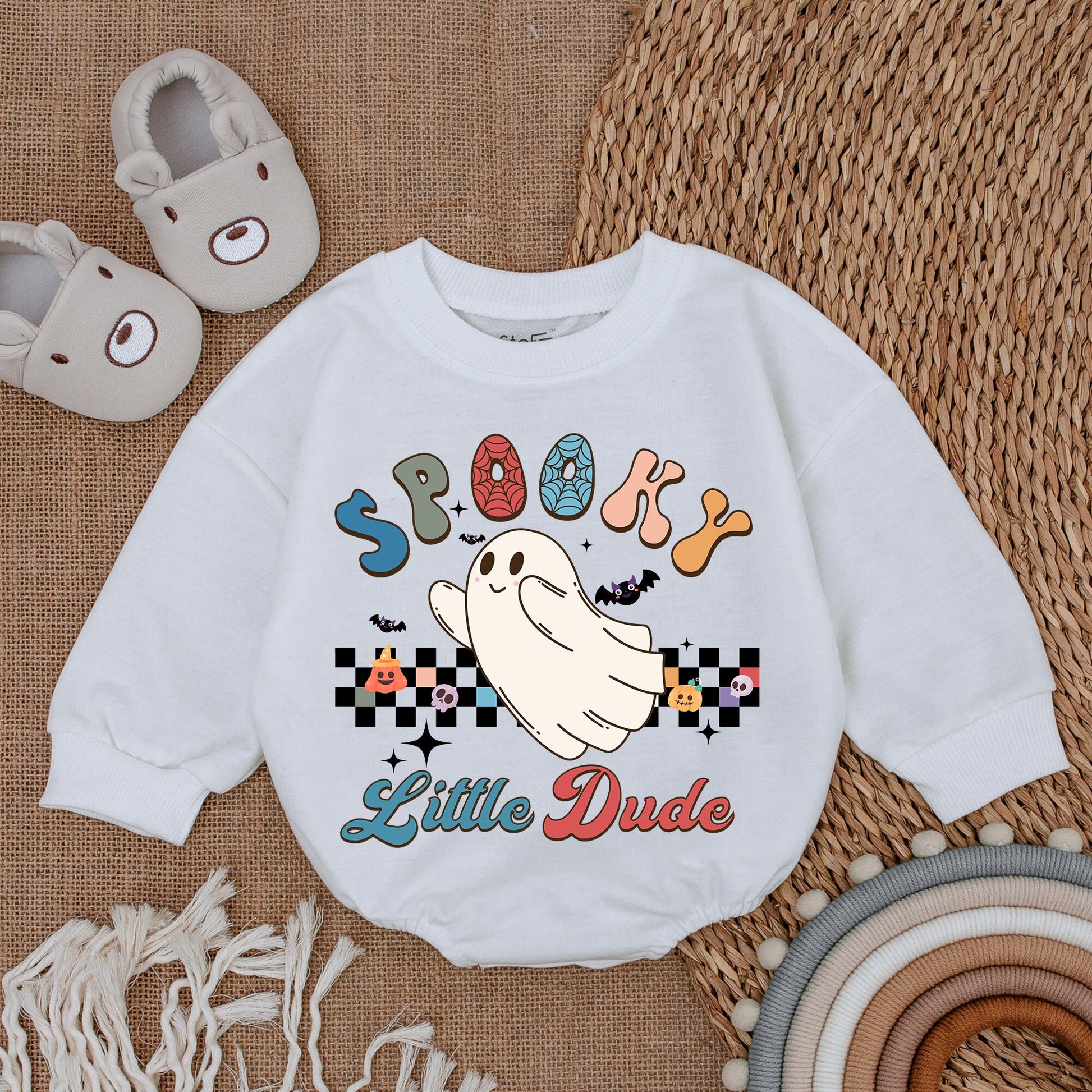 Spooky Little Dude Ghost Baby Bodysuit for Boys My First Halloween Outfit Colorful Retro Donut Letters Checkered Pumpkin Skull Design