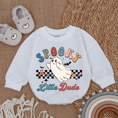 Spooky Little Dude Ghost Baby Bodysuit for Boys My First Halloween Outfit Colorful Retro Donut Letters Checkered Pumpkin Skull Design