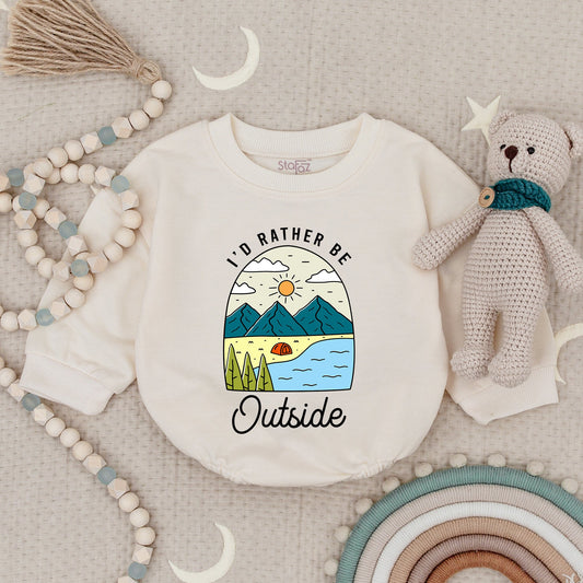 Cute Outdoor Adventure Baby Romper Nature Scene Teal Orange Mountains Trees Tent Water Sun Clouds Whimsical Outfits Baby Shower Gift Boy