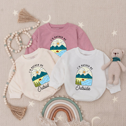 Cute Outdoor Adventure Baby Romper Nature Scene Teal Orange Mountains Trees Tent Water Sun Clouds Whimsical Outfits Baby Shower Gift Boy