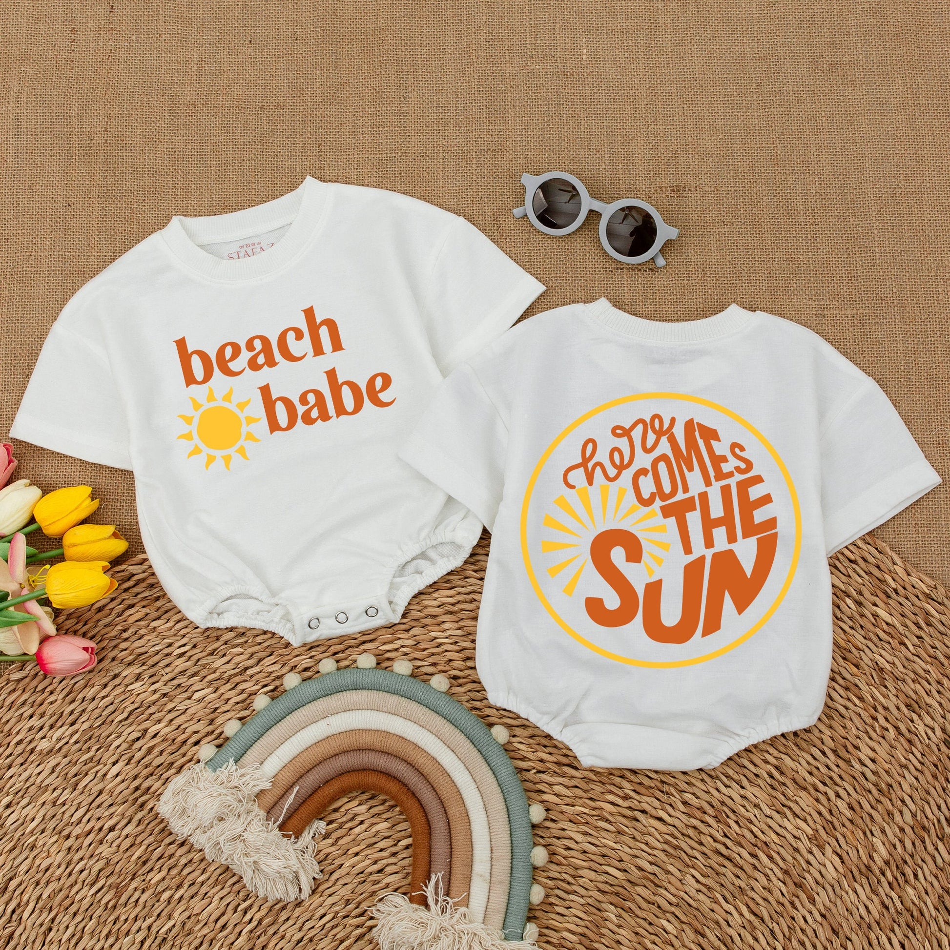 Beach Babe Bodysuit Here Comes The Sun Baby Romper Gender Neutral Bubble Romper for Beach Trips Newborn Outfits