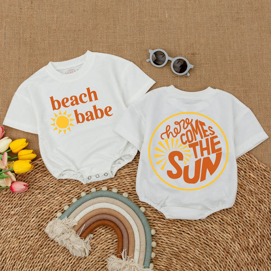 Beach Babe Bodysuit Here Comes The Sun Baby Romper Gender Neutral Bubble Romper for Beach Trips Newborn Outfits