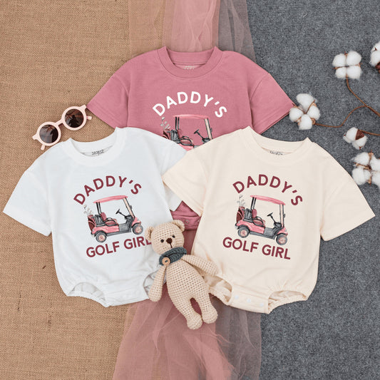 Daddy's Golf Girl Bubble Romper Cute Pink Golf Cart Daddy Daughter Short Sleeve Baby Girl Outfit Fathers Day Gift