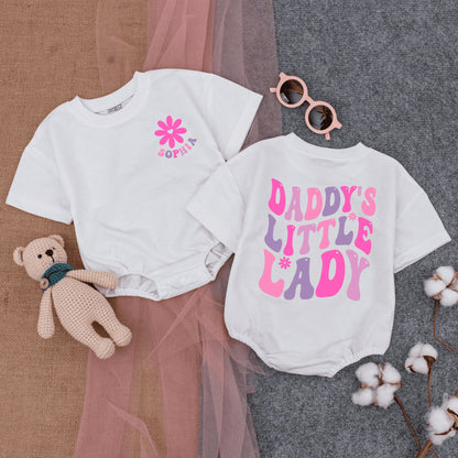 Custom Daddy's Little Lady Short Sleeve Romper Playful Retro Pink Purple Starburst Font Infant Father Daughter Fathers Day Outfit
