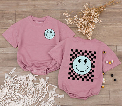 Retro Smiley Face Baby Romper Cute Checkered Bodysuit for Infant Toddler Girls Boys Soft Cotton Comfortable Playwear Perfect Baby Shower Gift