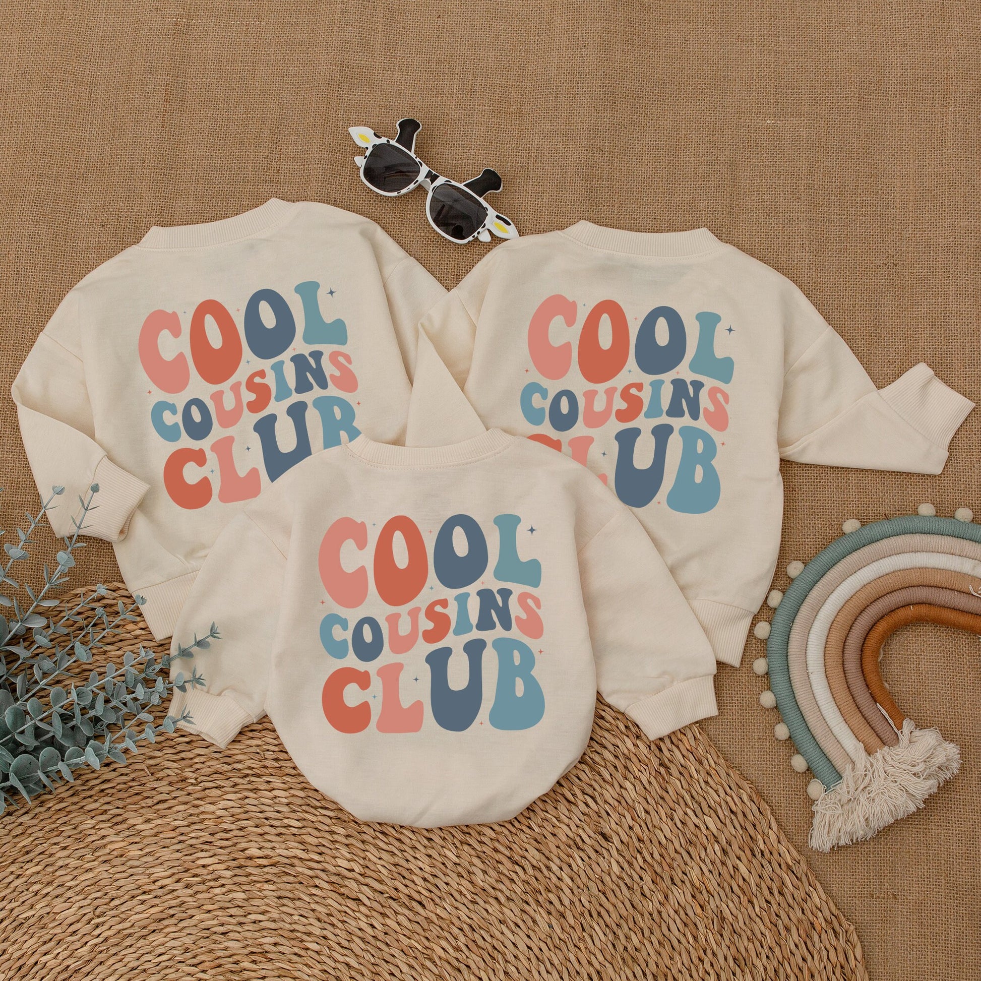 Cool Cousins Club Romper Bodysuit for Baby Girls Boys, Playful Smiley Face Cousin Crew Outfit, Soft Cotton Retro Family Reunion Matching Clothes