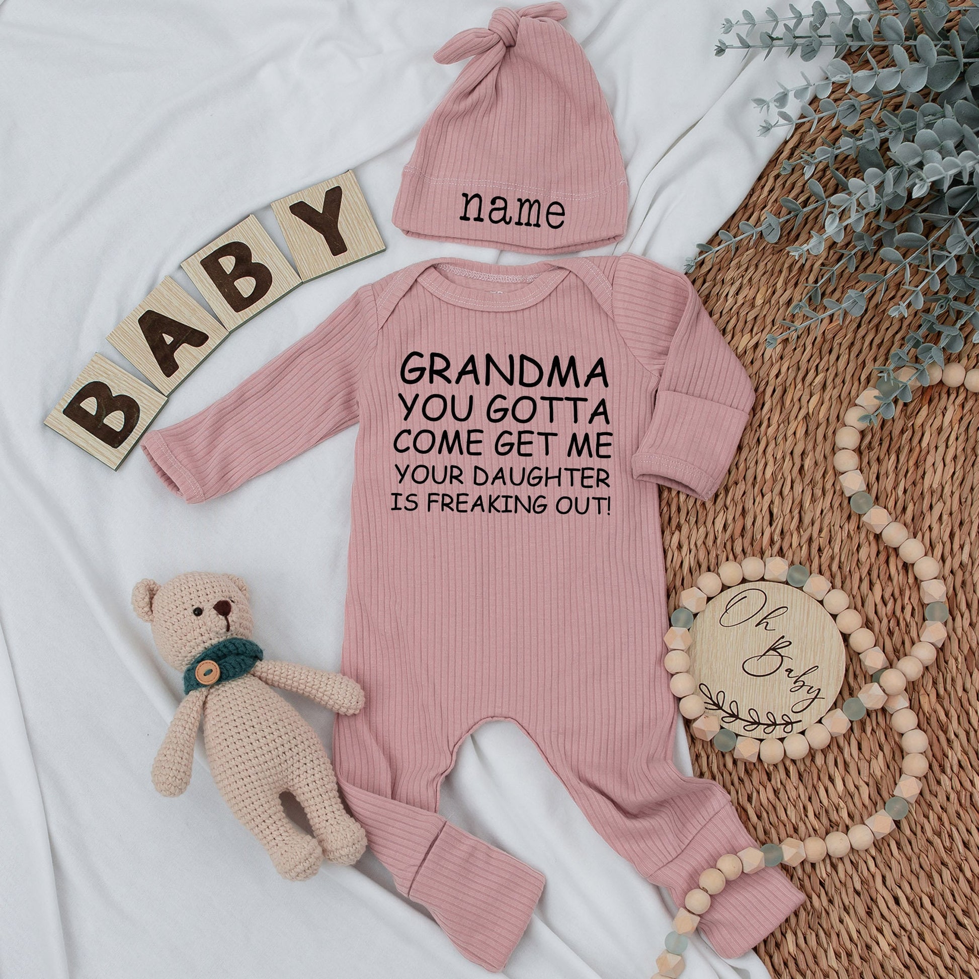 Grandma, Your Daughter is Freaking Out! Funny Baby Bodysuit & Hat Set, Newborn Gift for Grandma, Baby Shower