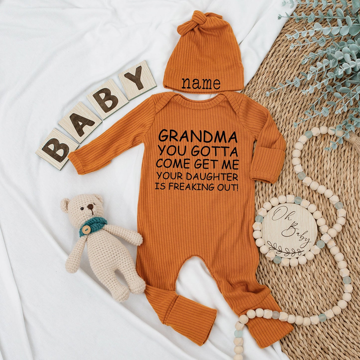 Grandma, Your Daughter is Freaking Out! Funny Baby Bodysuit & Hat Set, Newborn Gift for Grandma, Baby Shower