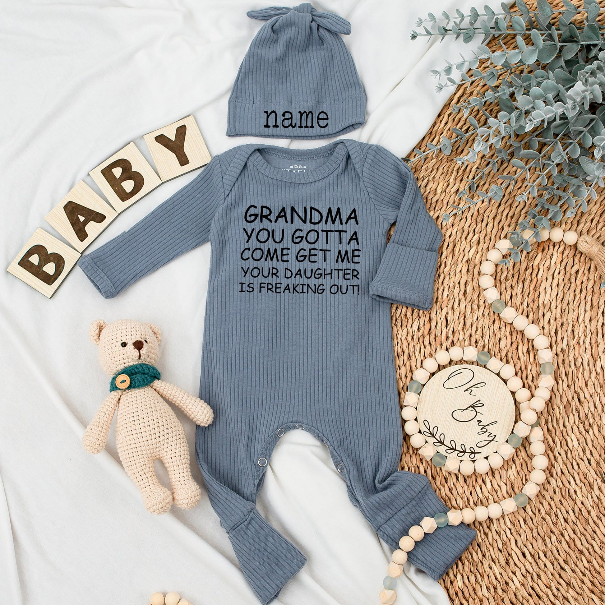 Grandma, Your Daughter is Freaking Out! Funny Baby Bodysuit & Hat Set, Newborn Gift for Grandma, Baby Shower