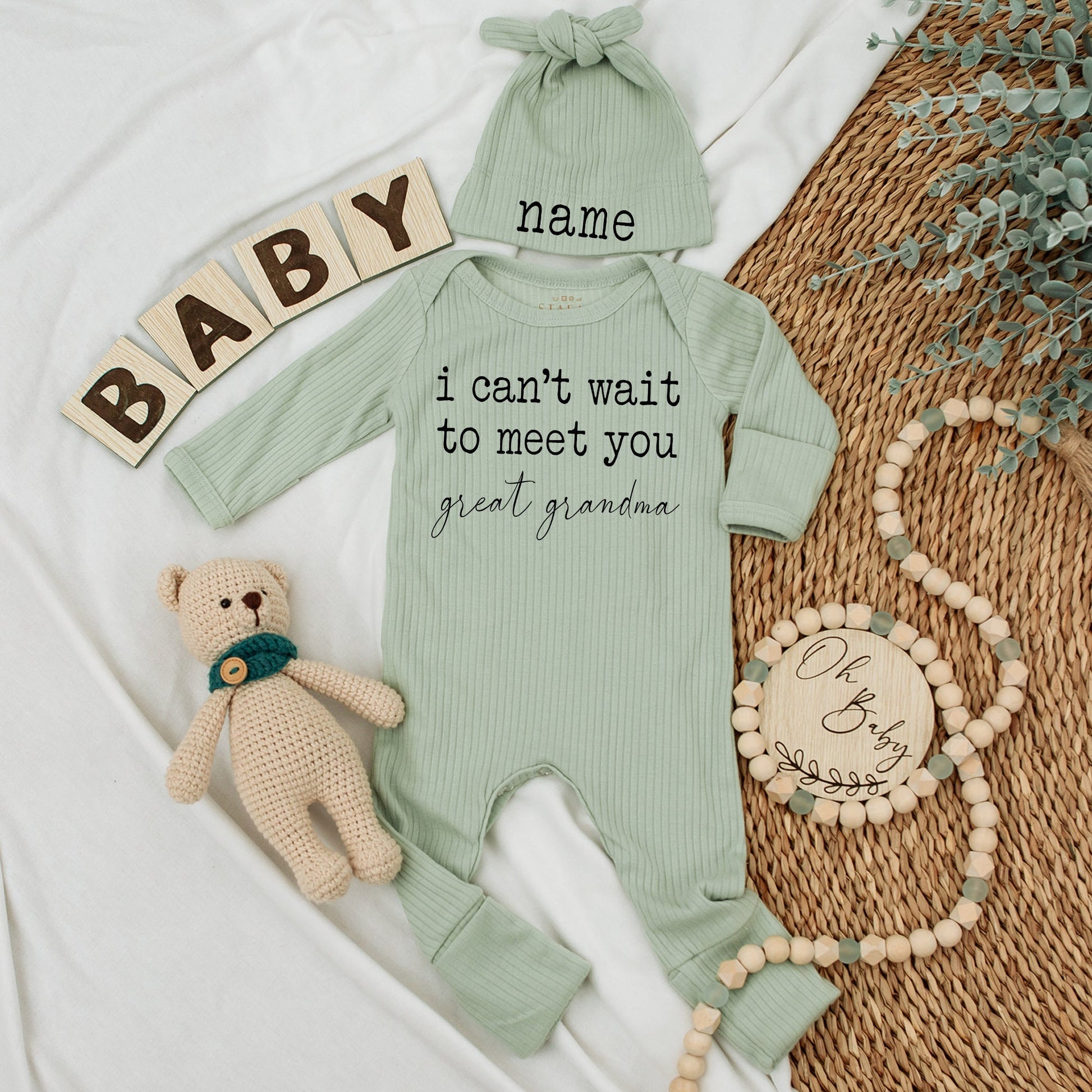 I Can't Wait To Meet You Great Grandma Custom Baby Bodysuit Newborn Boy Pregnancy Announcement Reveal Gift Comfortable Soft Cotton Clothes