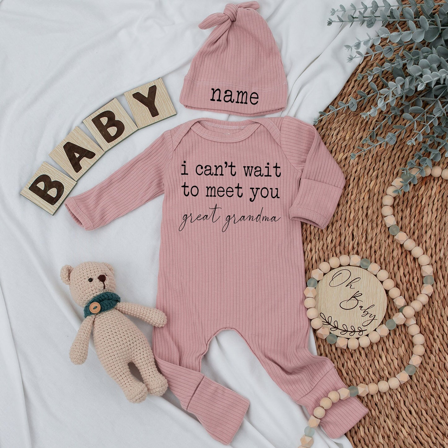 I Can't Wait To Meet You Great Grandma Custom Baby Bodysuit Newborn Boy Pregnancy Announcement Reveal Gift Comfortable Soft Cotton Clothes
