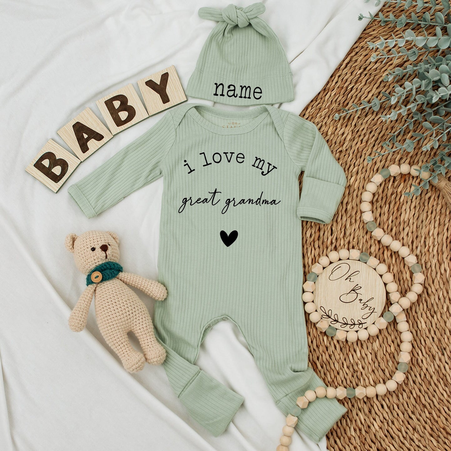 I Love My Great Grandma Baby Bodysuit and Hat Set with Custom Name for Newborn Girl or Boy Sweet Gift