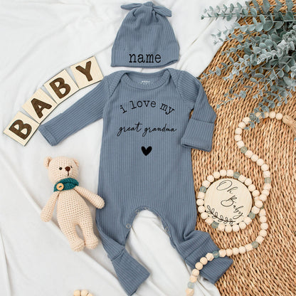 I Love My Great Grandma Baby Bodysuit and Hat Set with Custom Name for Newborn Girl or Boy Sweet Gift