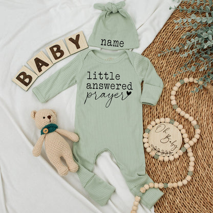 Little Answered Prayer Baby Bodysuit with Heart, Custom Name Newborn Gift, Baby Girl or Boy Announcement Outfit