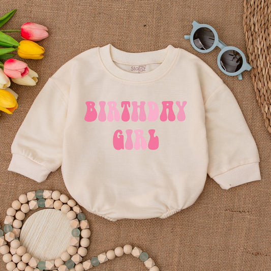 Birthday Girl Bubble Romper Retro Pink Gradient 'BIRTHDAY GIRL' Design Baby Girl Outfit Cute First Birthday Clothes Gift